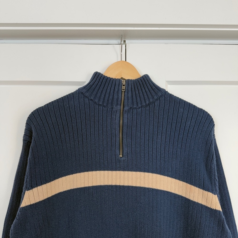 Mens American Eagle Quarter Zip Sweater Large Blue Striped Ribbed Cotton